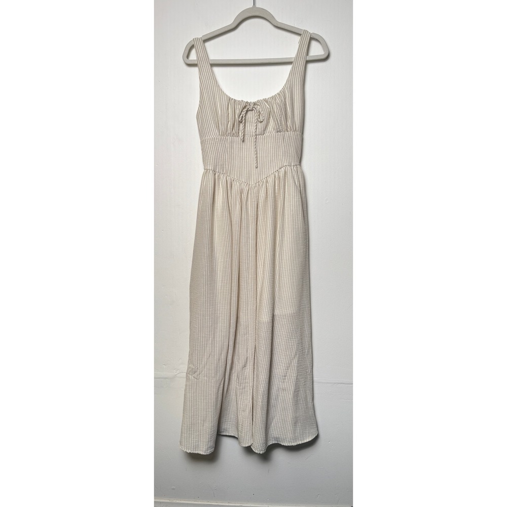 THE WORKSHOP Tan White Striped Midi Dress Women Medium Smocked Back Tie